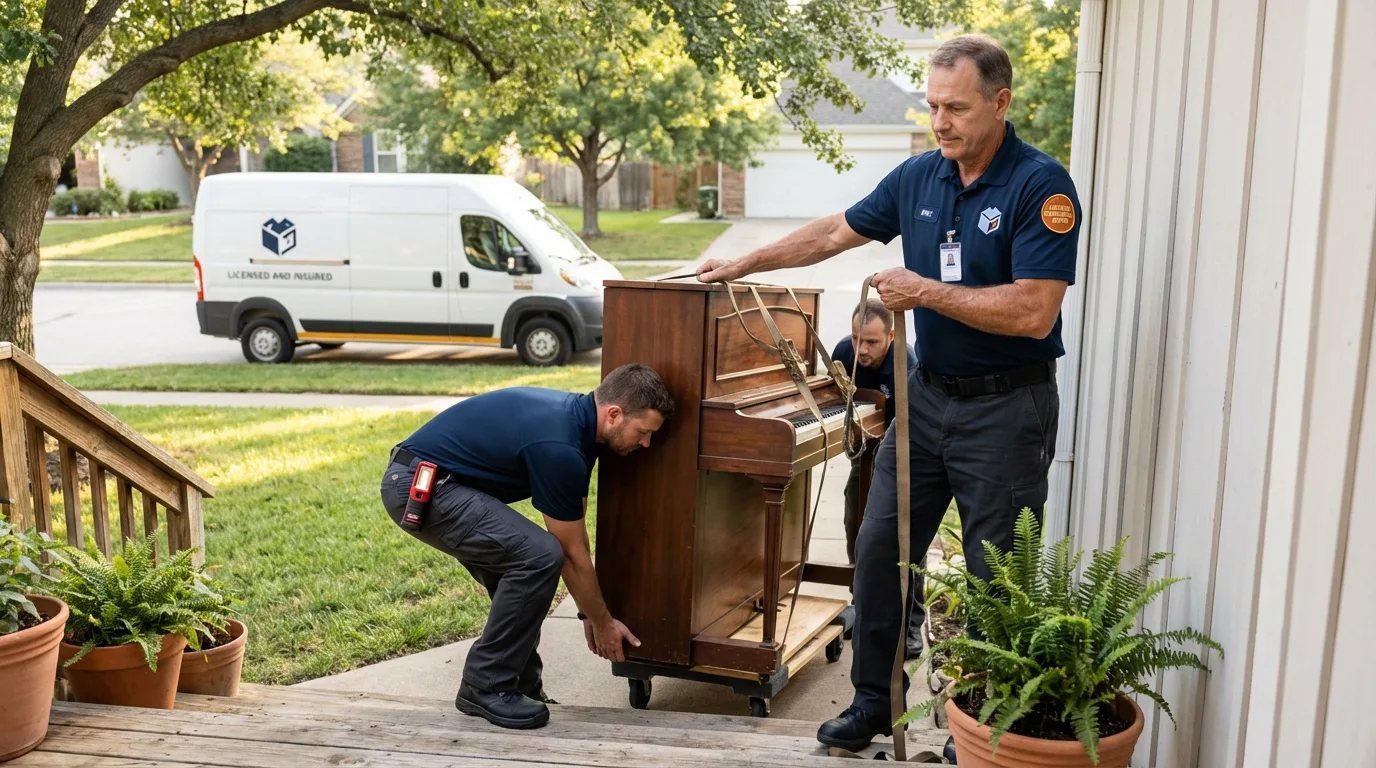 Licensed piano movers securing grand piano in Lexington, MA
