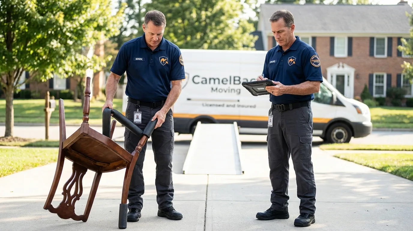 Movers inspecting furniture for damage prevention before loading in Lexington, MA