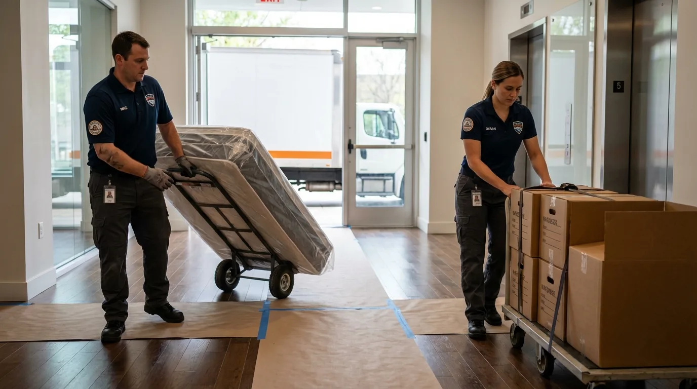 Professional apartment movers loading elevator in Lexington, MA