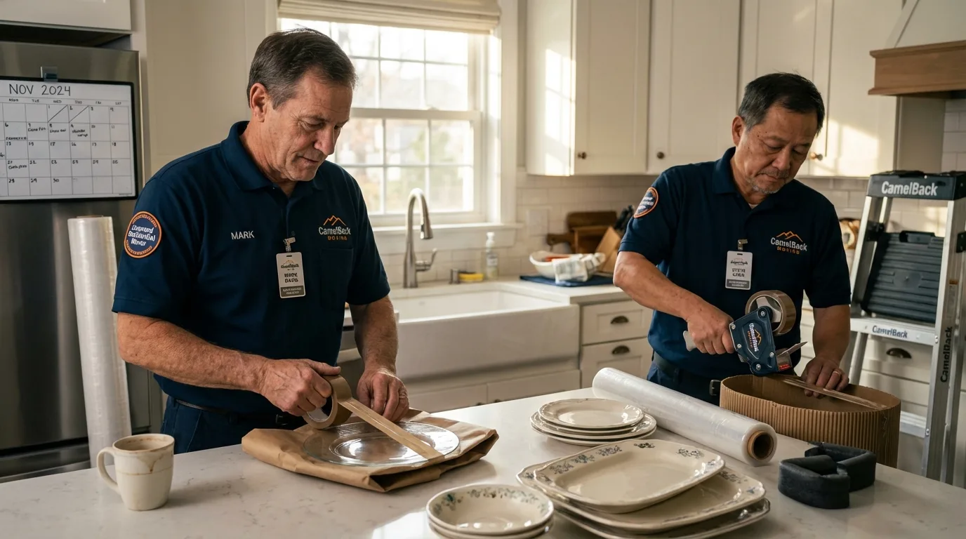 Professional crew packing kitchen dishware in Lexington, MA